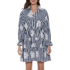 Gracia Floral Navy/White Check Embroidered Mini Dress, Country-Chic, Picnic